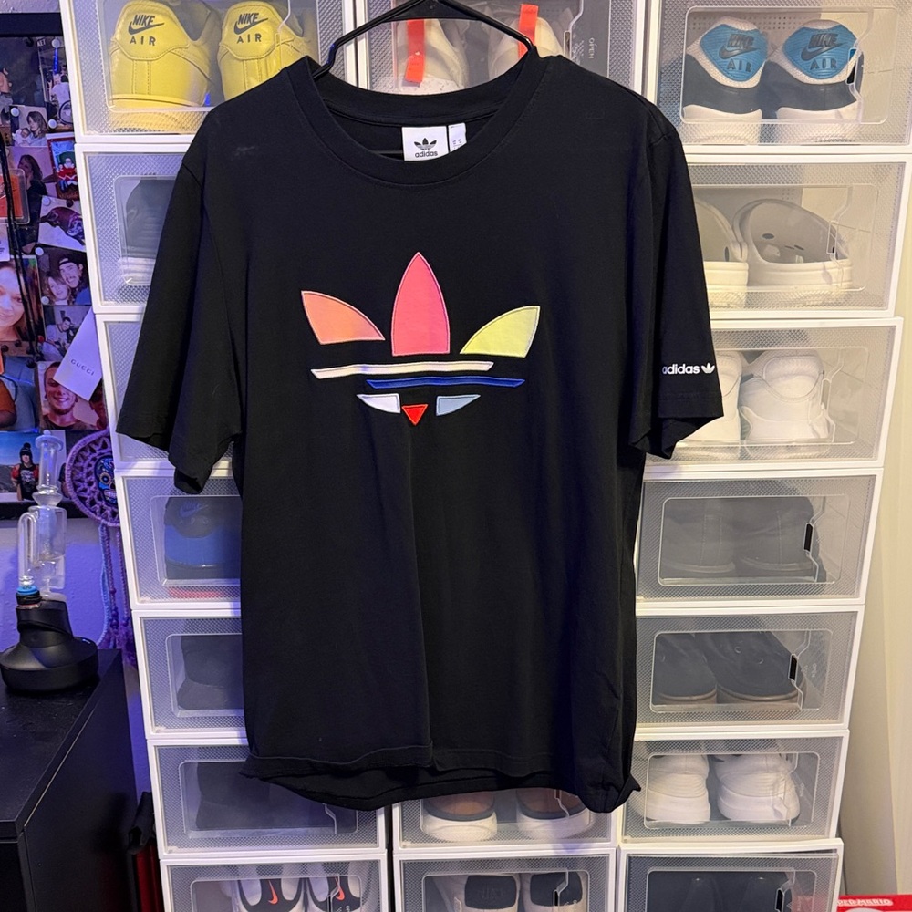 Adidas Black T-Shirt with Colorful Trefoil Design